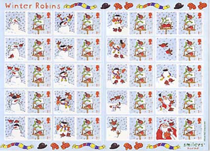 sheet of 20 stamps with attached labels and decorative borders