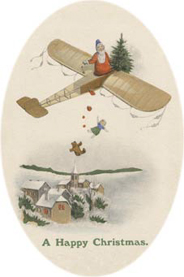 Santa Claus distributing presents from an aeroplane ca. 1908