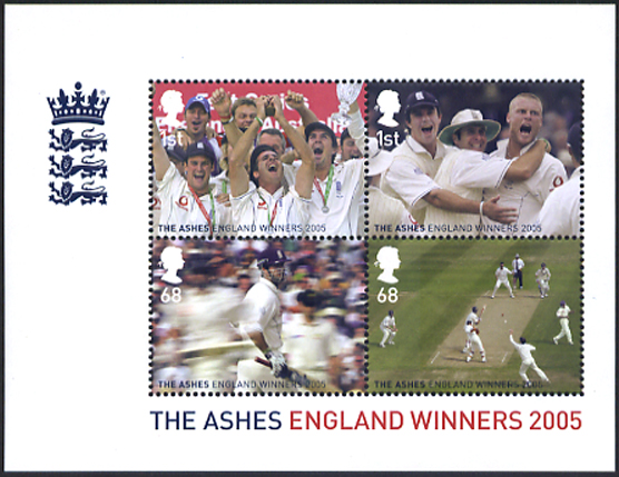 miniature sheet issued to celebrate the England Cricket Team winning the 2005 Ashes series over Australia