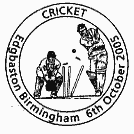 cricket: postmark showing batsman losing wicket, wicketkeeper present.