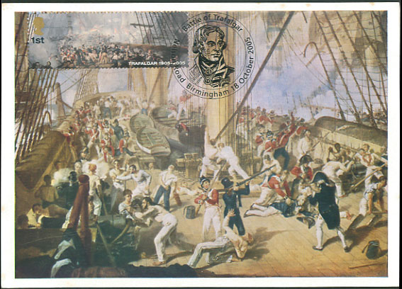 Battle of Trafalgar Maximum card, 'Nelson mortally wounded' with Bicentenary stamp and Nelson Road (portrait) postmark.