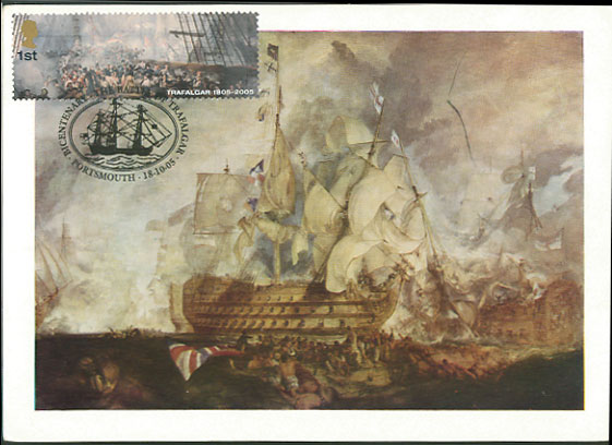 Battle of Trafalgar Maximum card, 'The Victory at Trafalgar' with Bicentenary stamp and Portsmouth (HMS Victory) postmark.