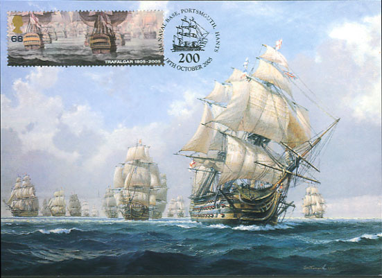 Battle of Trafalgar Maximum card, 'HMS Victory leading the line at Trafalgar' with Bicentenary stamp and Portsmouth 200 (Bicentenary logo) postmark.