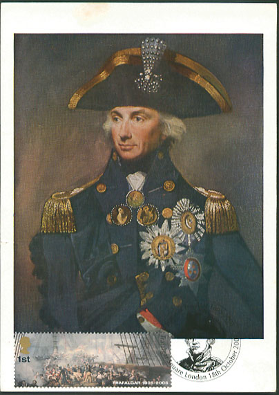 Battle of Trafalgar Maximum card, 'Nelson portrait' with Bicentenary stamp and Trafalgar Square (portrait) postmark.