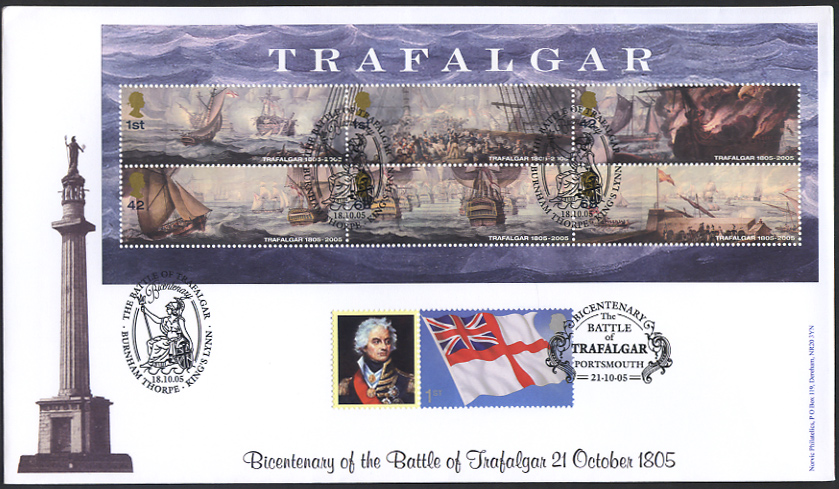 miniature sheet and Smilers on Norvic fdc showing Nelson's Monument Great Yarmouth