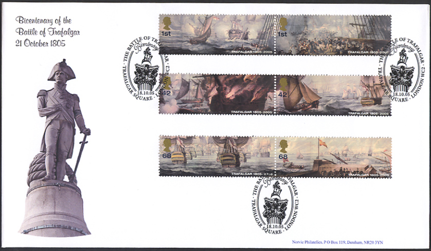 set of 6 stamps on Norvic fdc showing Nelson's Monument in Trafalgar Square, London
