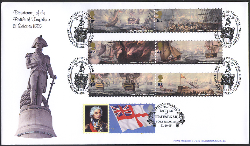 set of 6 stamps and Smilers stamp on Norvic fdc showing Nelson's Monument in Trafalgar Square, London