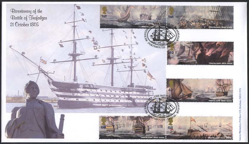 set of 6 stamps on Norvic fdc showing statue of Nelson in Norwich and HMS Victory in Portsmouth