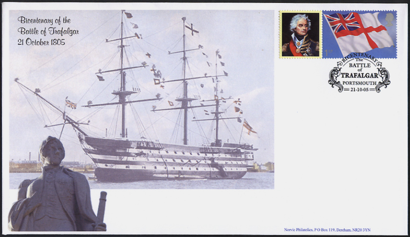 Nelsom Smilers label & Union Flag stamp on Norvic fdc showing statue of Nelson in Norwich and HMS Victory in Portsmouth