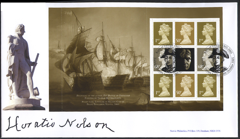 prestige book pane on Norvic fdc showing statue of Nelson in Norwich and his signature
