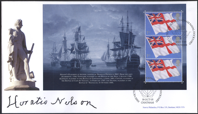 prestige book pane on Norvic fdc showing statue of Nelson in Norwich and his signature