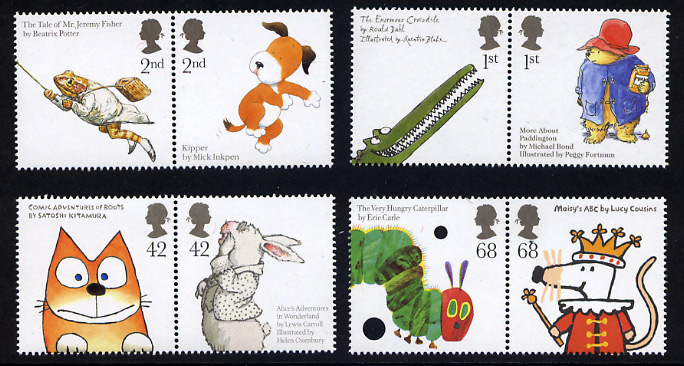 Set of 8 British stamps featuring illustrations from children's literature. 