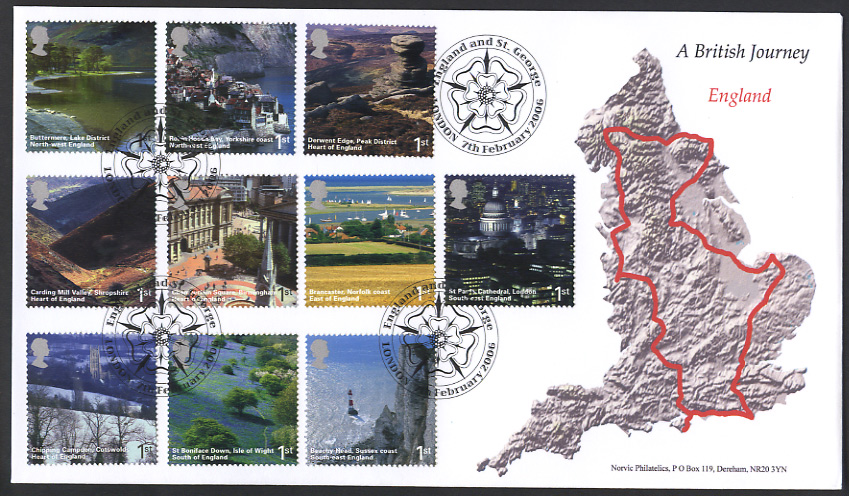 Norvic official first day cover for British Journey set of 10 stamps issued 7 Febrtuary 2006 and rose postmark.