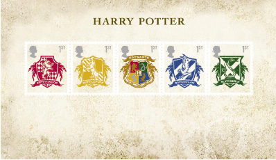 Royal Mail Miniature sheet of 5 x 1st class Harry Potter stamps showing the Hogwarts crest and the crests of the 4 school houses Hufflepuff, Slytherin, Ravenclaw and Gryffindor.