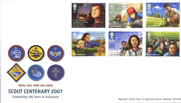 Royal Mail first day cover for the Centenary of Scouting stamps 26 July 2007.