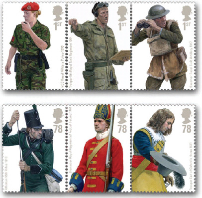 Set of 6 British stamps showing Army Uniforms, to be issued 20 September 2007.