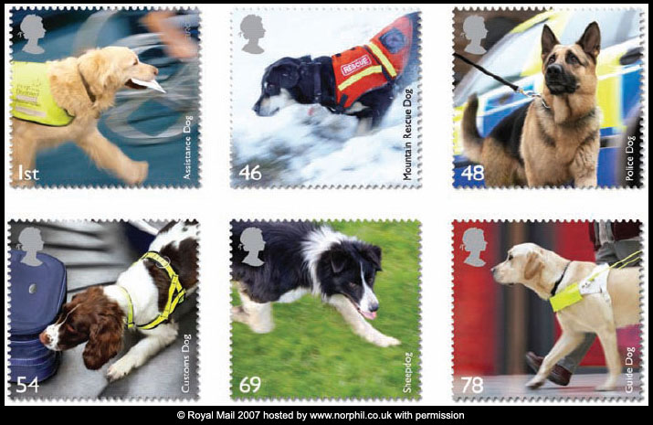 Set of 6 new british stamps showing Assistance dog, Mountain Rescue dog, Police dog, Customs sniffer dog, a Sheep dog and a Guide dog - Labrador, German Shepherd, Springer Spaniel, Border Collie, Yellow Labrador.