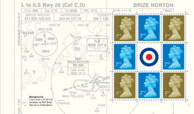 RAF prestige stamp book pane 4 4 x 1st class and 4 x 2nd class Machin definitives surrounding a label with the badge of the RAF.