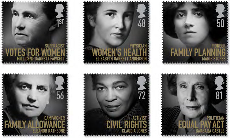 Set of 6 new british stamps showing Marie Stopes, Claudia 	Jones, Millicent Garrett Fawcett, Elizabeth Garrett Anderson, Eleanor Rathbone, Barbara Castle.