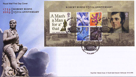 Royal Mail first day cover for Robert Burns 250th Anniversary miniature sheet.