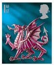 Wales 1st class definitive stamp with red dragon instead of silver, from publicity images for Celebrating Wales MS.