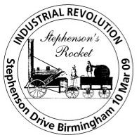 Postmark showing Stephenson's Rocket locomotive.