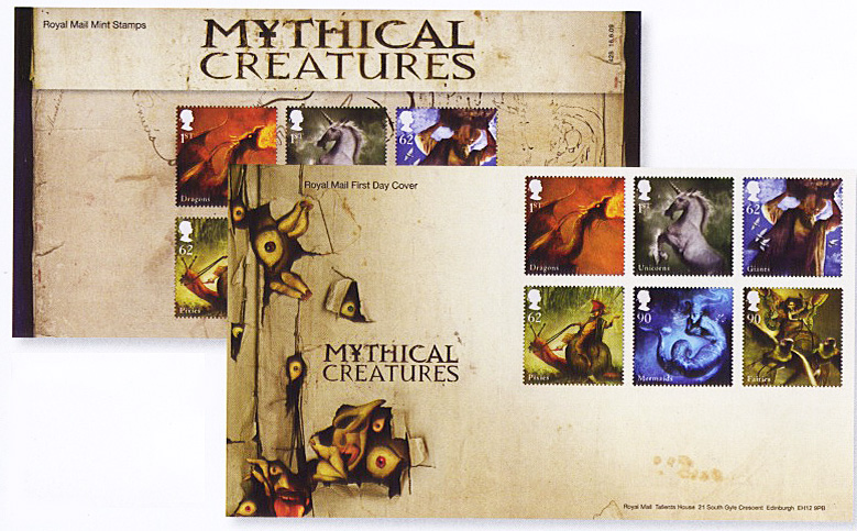 First Day Cover and Presentation pack for Mythical Beasts on stamps issued 16 June 2009