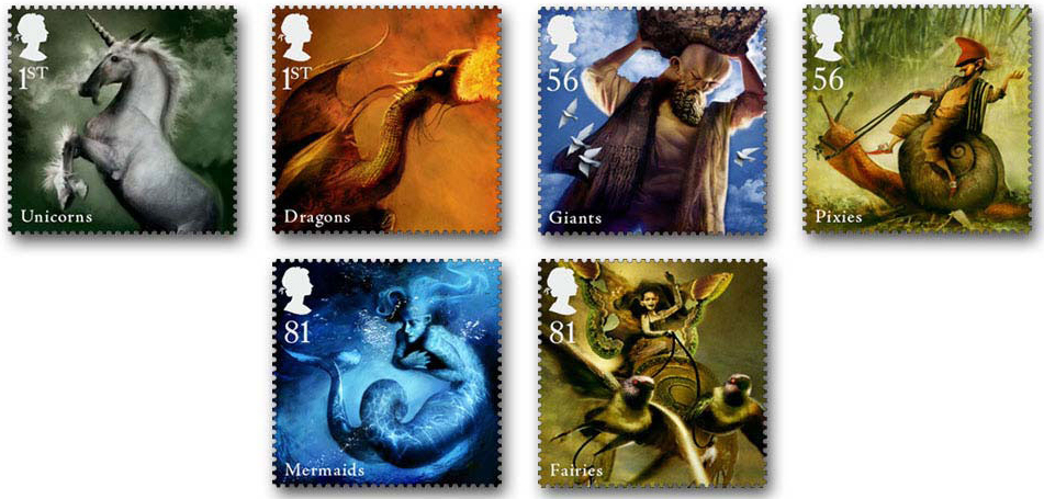 Set of 6 new british stamps showing dragon, unicorn, giant, pixie, mermaid, and fairies.