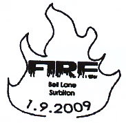 Free-form postmark in the form of a flame.