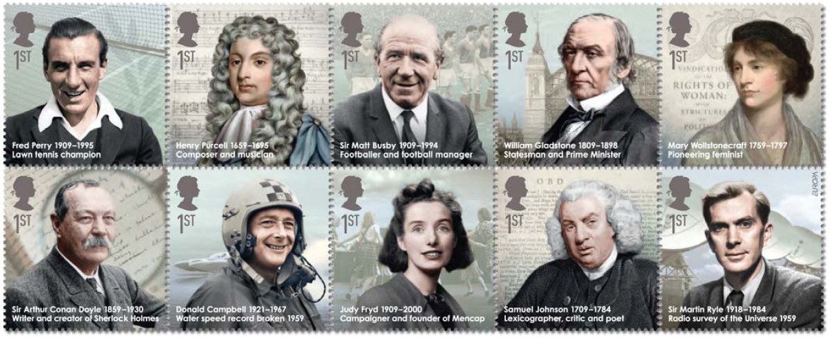 Set of 10 stamps featuring Eminent Britons, includes Europa 2009 stamp.