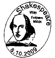 postmark illustrated with portrait of William Shakespeare.