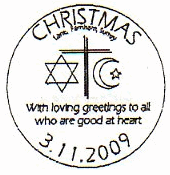 Postmark showing religious symbols.