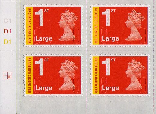 Cylinder block of Recorded Signed For 1st class Large stamps.