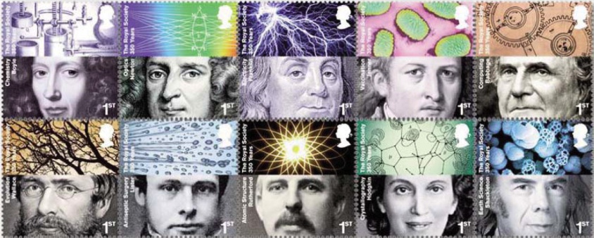 Set of 10 stamps featuring scientists, members of the Royal Society.