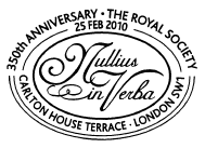postmark showing Royal Society motto, Nullius in verba.