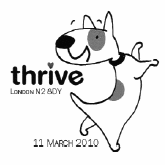 postmark illustrated with a cartoon dog advertising pet food 'thrive'.
