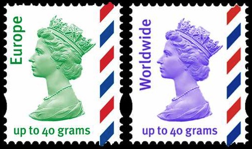 Machin 20gramme airmail stamps issued 30 March 2010 publicity photo wrongly inscribed 40gr.
