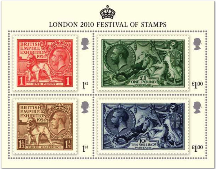 London 2010 Festival of Stamps miniature sheet 2 showing British Empire Exhibition and Seahorses stamps.