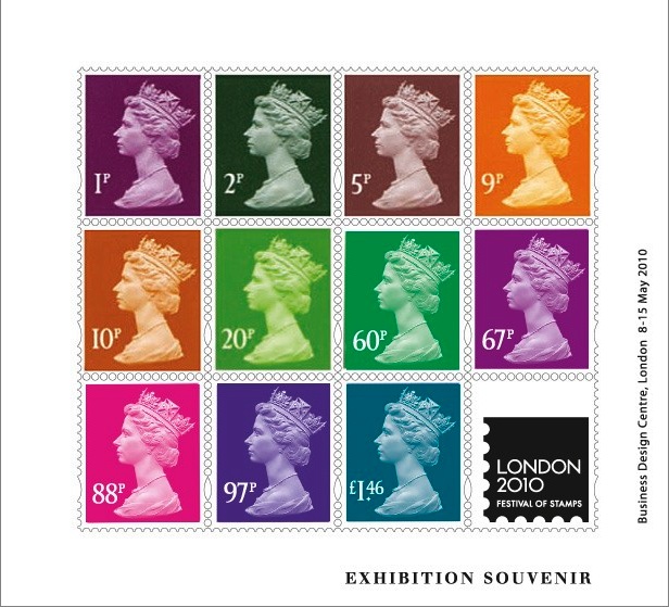 London 2010 Festival of Stamps miniature sheet 3 showing Machin definitive stamps.
