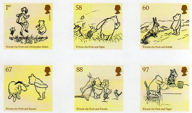 Set of 6 stamps depicting key characters from AA Milne's Winnie the Pooh stamps.