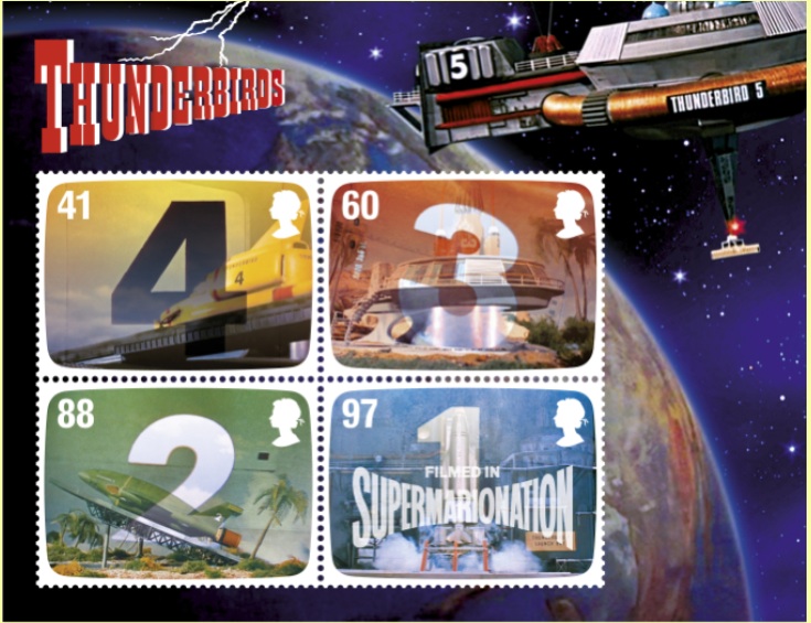 Lenticular printed miniature sheet of 4 stamps showing Gerry Anderson's Thunderbirds Thunderbirds 1, 2, 3, 4 & 5.
