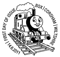 Box, Corsham, FD postmark for Thomas the Tank Engine stamps.