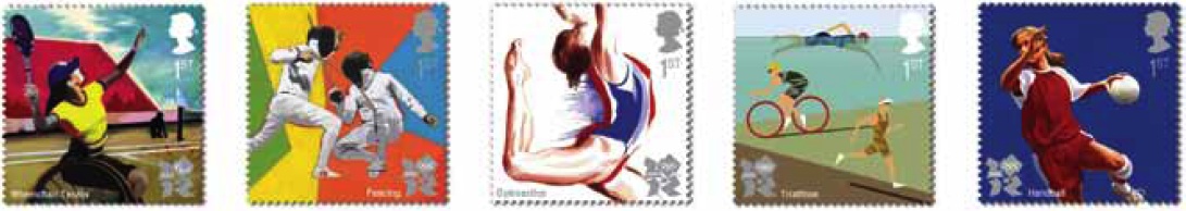 Pre-olympic stamps showing wheelchair tennis, fencing, Gymnastics, Triathlon, handball.