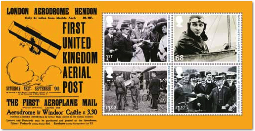 miniature sheet issued to mark the centenary of the first UK Aerial Post.