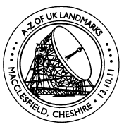 Postmark showing Jodrell Bank telescope.