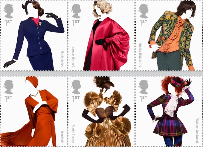 six of 10 stamps featuring Classic British Fashions.
