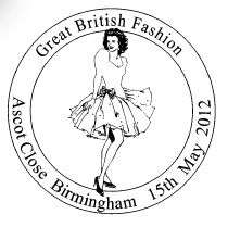 Postmark showing model in skirt.