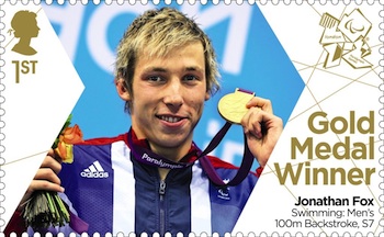 Gold medal stamp Swimming: Men's 100m Backstroke, S7 Jonathan Fox.