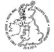 First day postmark showing map of British Isles.