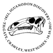 Postmark showing dinosaur skull.